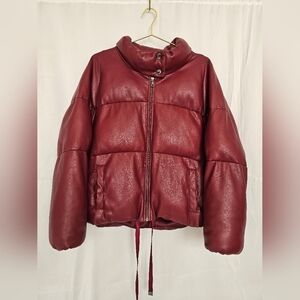 MILLY Sharon Faux Leather Wine Burgundy Puffer Jacket Slight Crop Size Large